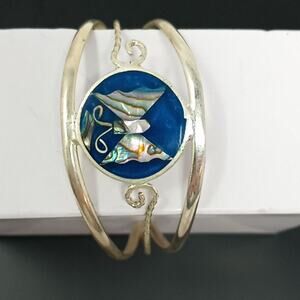 Alpaca Mexico 925 Silver Inlaid Mother of Pearl Cuff Bracelet